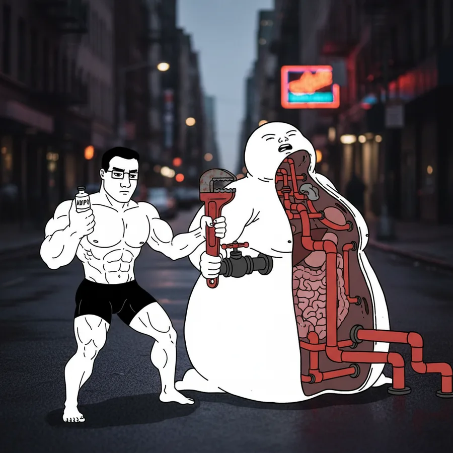 Adipotide drawn as a wojak meme: it cuts off the fat, not the food