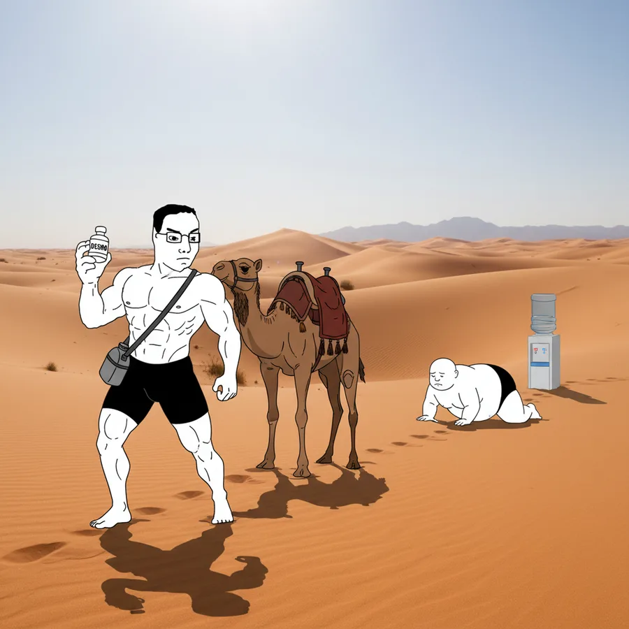 Desmopressin drawn as a wojak meme: keeps the water, spares the vessels