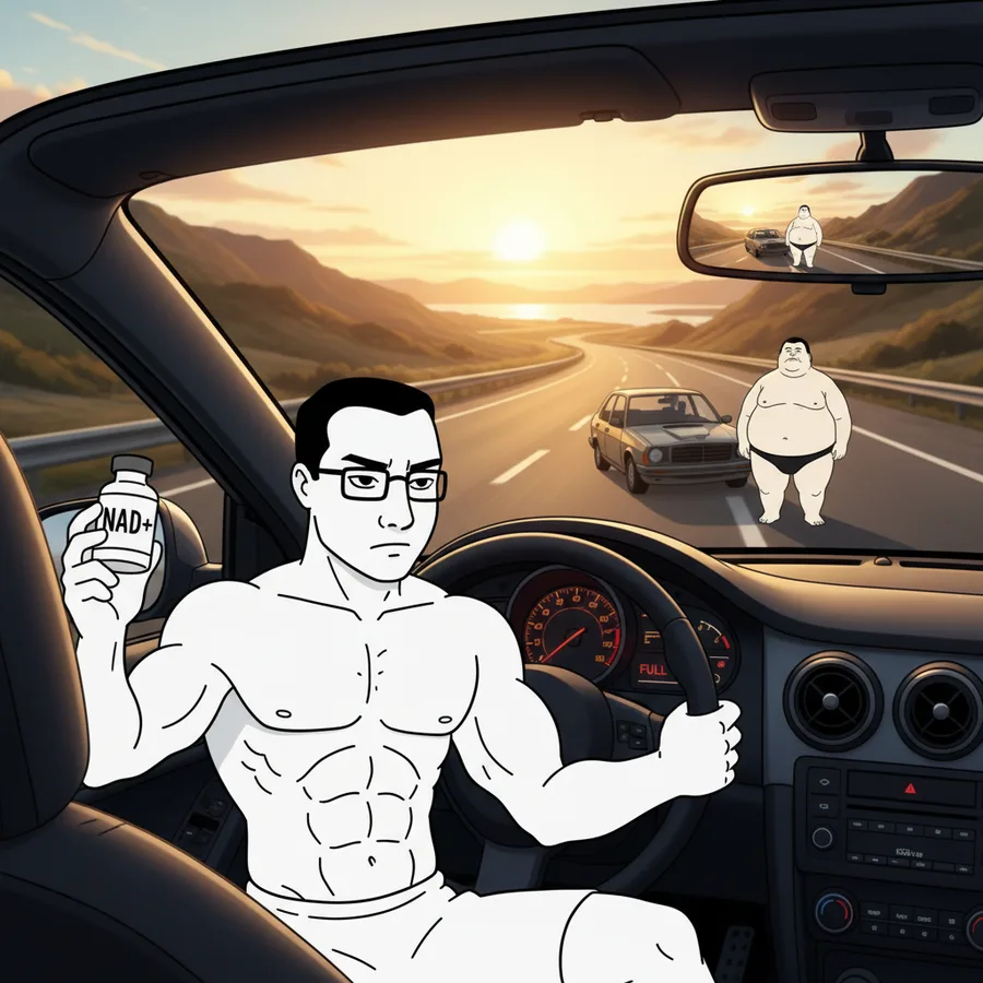 NAD+ drawn as a wojak meme: the coenzyme everything else runs on