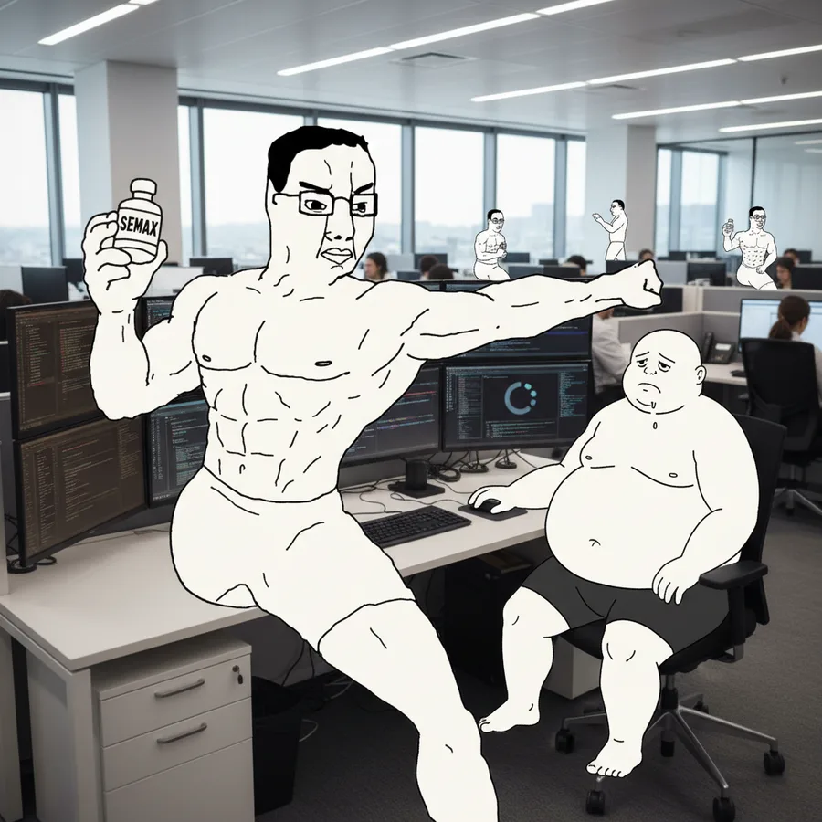Semax drawn as a wojak meme: twelve monitors, one thread of attention