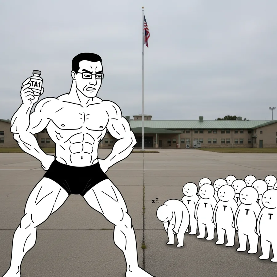 Thymosin α1 drawn as a wojak meme: it trains the troops. it does not fight.